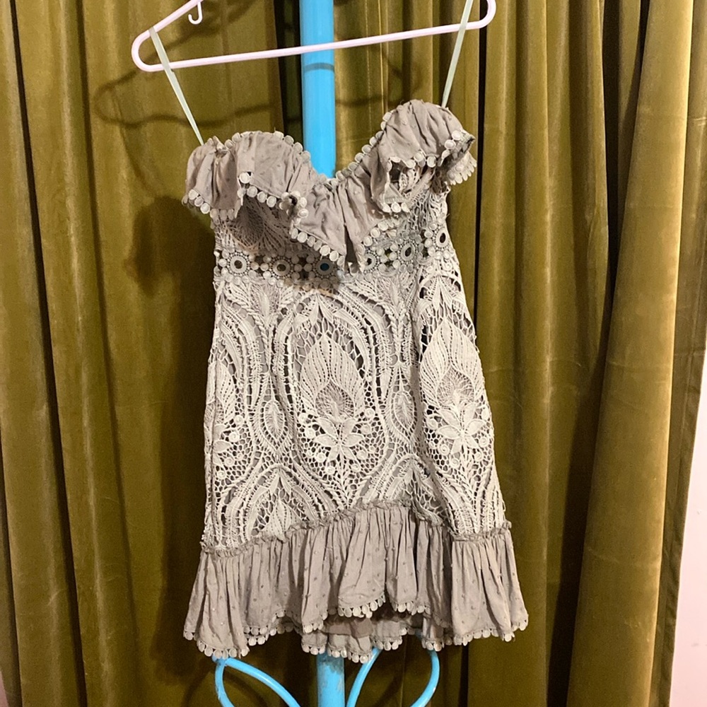 Sweat heart neck line olive green crochet lace dress